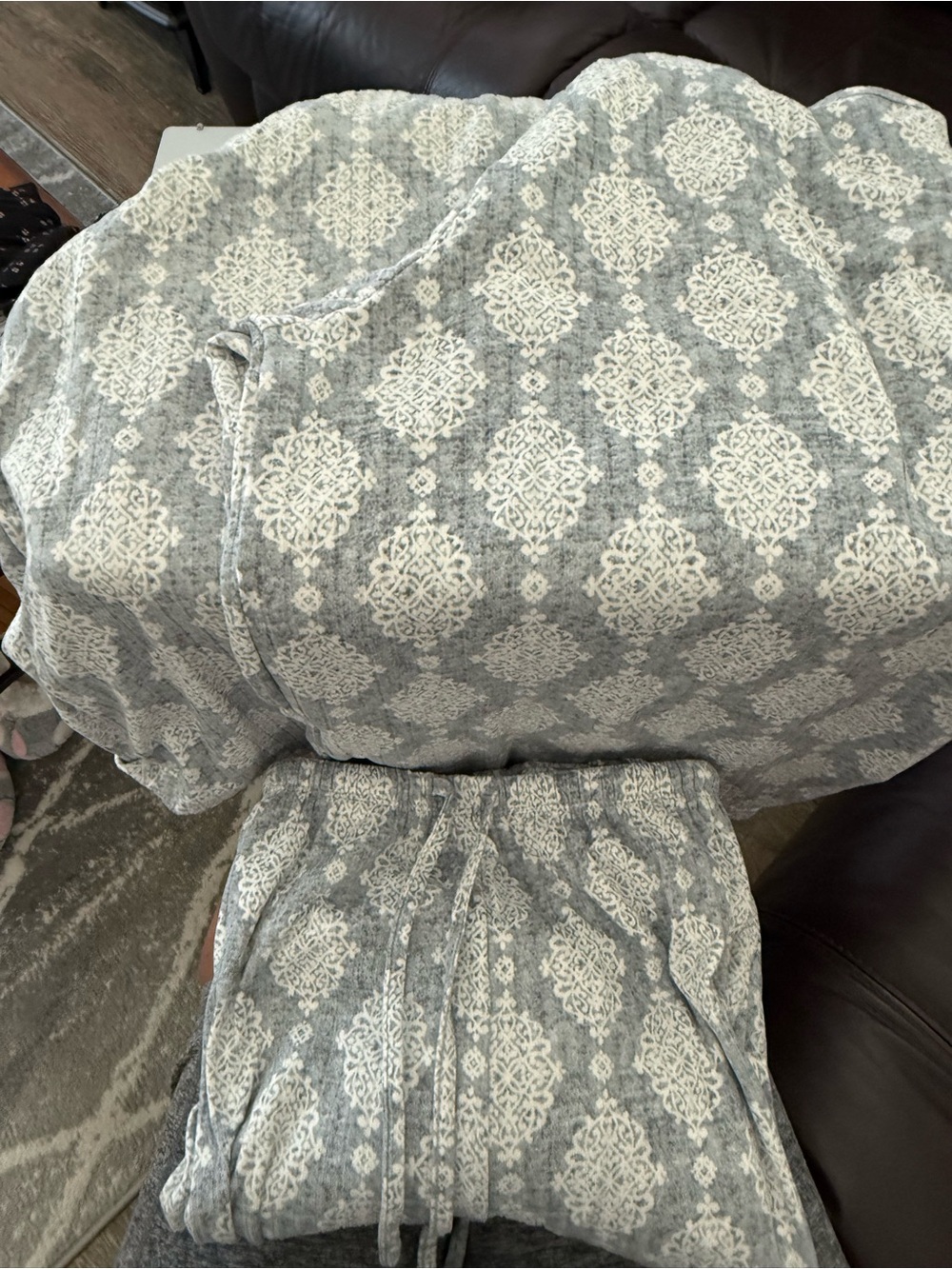 Flora Nikrooz Cozy Gray and Cream Printed PJ Loungewear Set (2 tops, 1 bottom)
